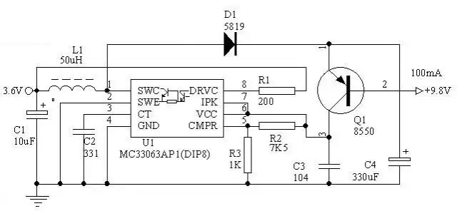 用MC34063做3.6V電轉(zhuǎn)9V電路圖